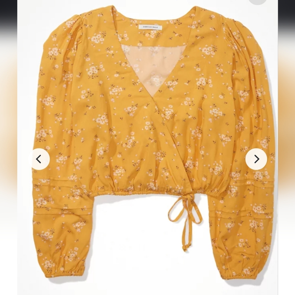 American Eagle Outfitters Yellow Floral Wrap Blouse, Medium